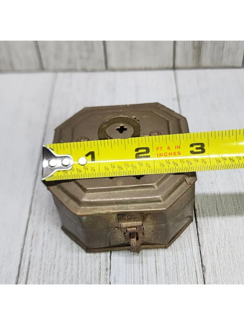 Vintage Pierced Solid Brass Octagon Cricket Trinket Box Potpourri Hinged Lid